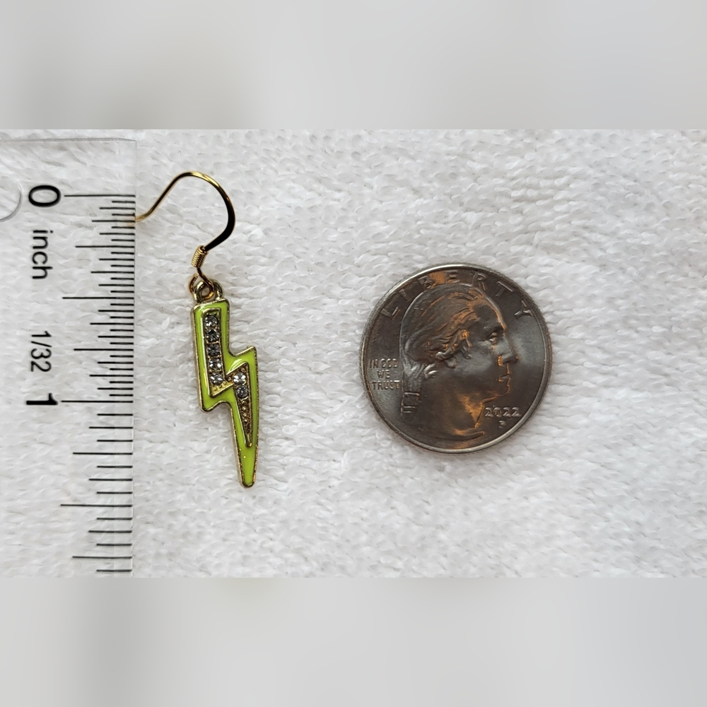 Neon Yellow Rhinestone Lightning Bolt Statement Dangle Earrings / Pierced - Picture 5 of 6